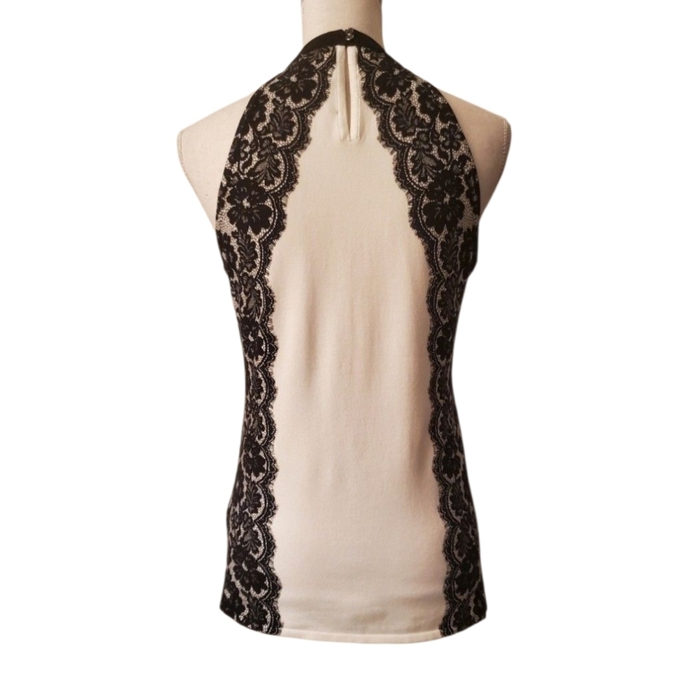 White House Black Market Sleeveless Halter Sweater Ecru Black Lace Design Size M - Picture 5 of 7